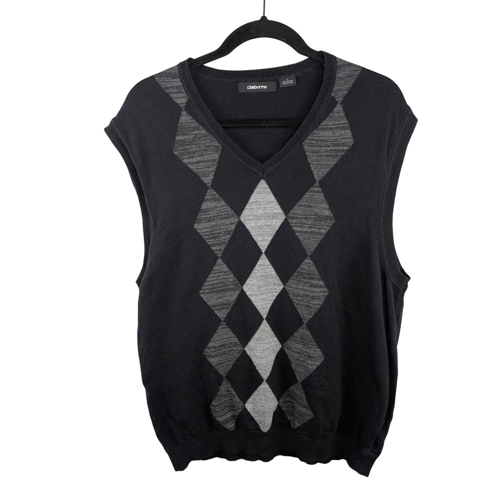 Claiborne Mens Sweater Vest L  Black Argyle‎ V-Neck Cotton Classic Preppy Cotton